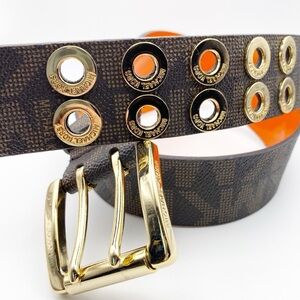 MICHAEL Michael Kors Two Toned Gold Buckle Faux Leather Logo Belt